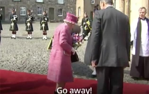 The Queen scolded a horse for trying to take a bite out of her bouquet. Photo: ITV