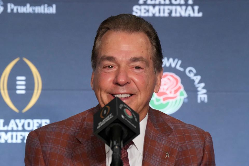 Alabama Crimson Tide head coach Nick Saban at the Rose Bowl coaches news conference at the Sheraton Grand Hotel in Los Angeles on Sunday, Dec. 31, 2023.