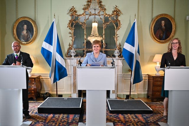 Patrick Harvie, Nicola Sturgeon and Lorna Slater in Bute House