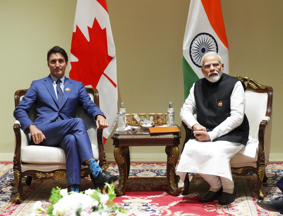 FILE - Prime Minister Justin Trudeau takes part in a bilateral meeting with Indian Prime Minister Narendra Modi during the G20 Summit in New Delhi, India on Sunday, Sept. 10, 2023. The Biden administration is nervously watching a dispute between Canada and India, with some officials concerned it could upend the U.S. strategy toward the Indo-Pacific that is directed at blunting China’s influence there and elsewhere. (Sean Kilpatrick/The Canadian Press via AP, File)