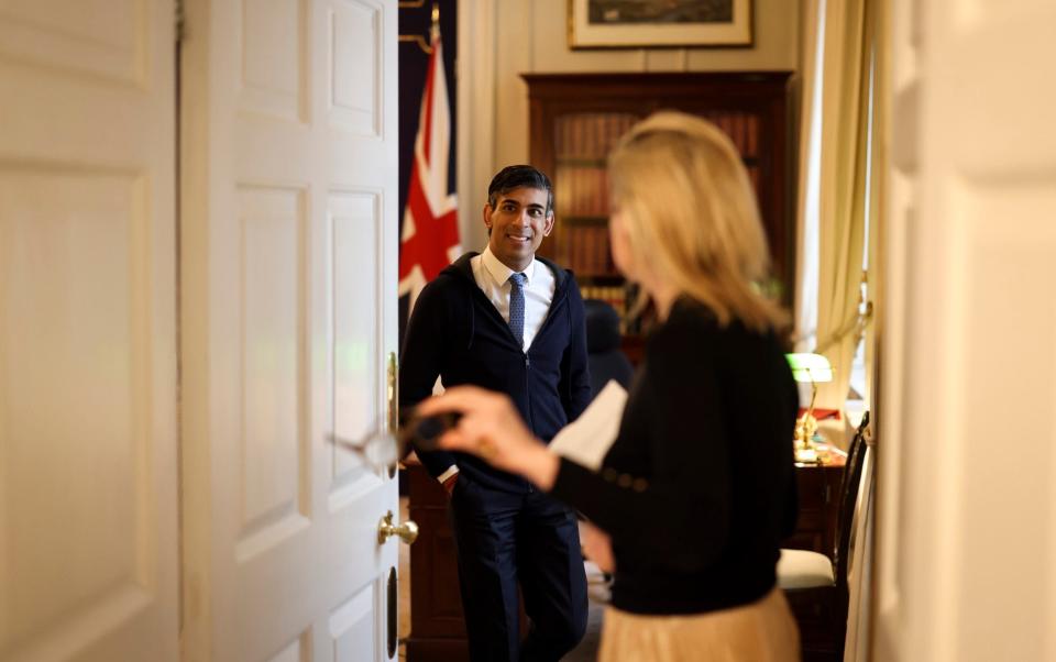 Rishi Sunak, the Prime Minister, is pictured today in 10 Downing Street ahead of delivering a statement in the House of Commons on the Iran-Israel situation