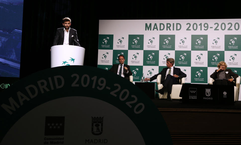 FC Barcelona player and founder of investment group Kosmos Gerard Pique delivers his speech during the presentation of the city of Madrid as hosts of the new Davis Cup for the next two years in Madrid, Spain, Wednesday, Oct. 17, 2018. (AP Photo/Manu Fernandez)