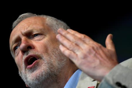 Britain's Labour Party leader Jeremy Corbyn addresses a rally, part of the TUC's ‘A New Deal for Working People’ campaign, in central London, Britain, May 12, 2018. REUTERS/Toby Melville