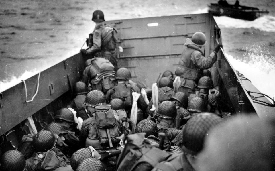 A US Navy barge landing at Omaha Beach on D-Day