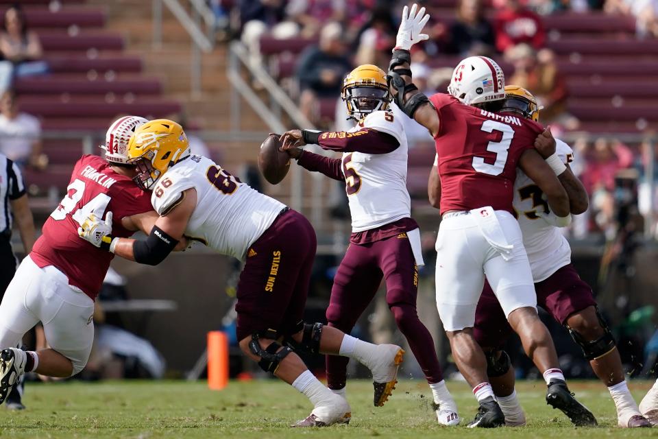 Arizona State quarterback Emory Jones (5) looks to pass against Stanford during the first half of an NCAA college football game in Stanford, Calif., Saturday, Oct. 22, 2022. (AP Photo/Jeff Chiu)