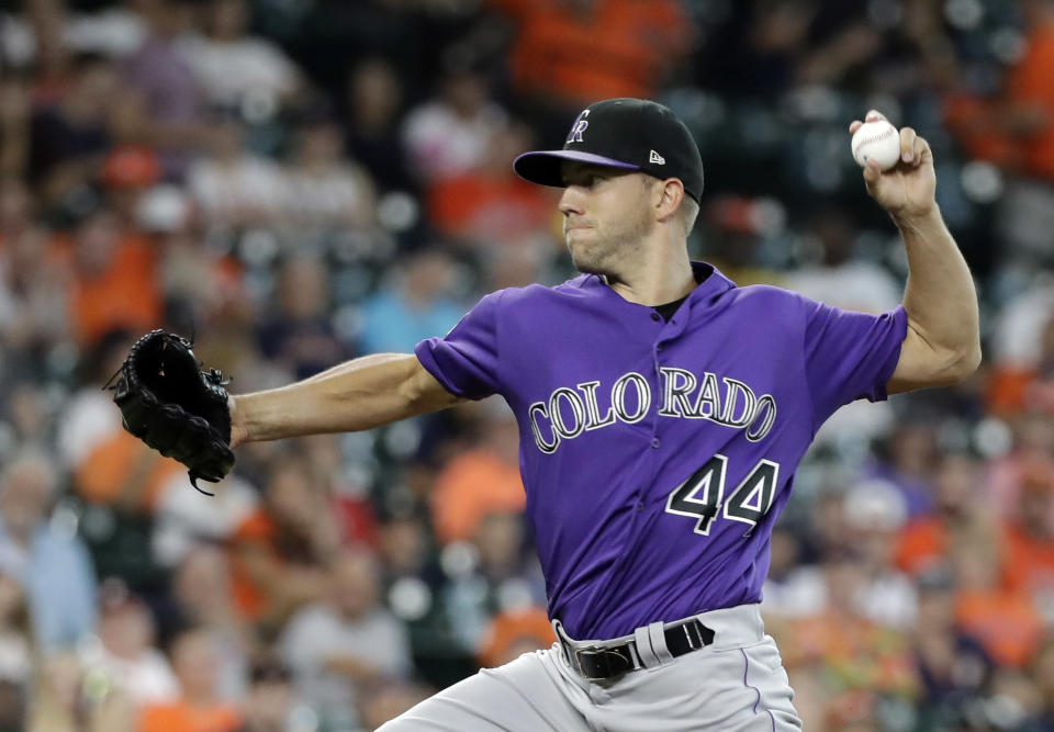 Colorado Rockies starting pitcher Tyler Anderson throws to a Houston Astros batter during the first inning of a baseball game Wednesday, Aug. 15, 2018, in Houston. (AP Photo/David J. Phillip)
