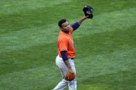 Houston Astros pitcher Framber Valdez celebrates the final out as the Astros beat the Minnesota Twins 4-1 in Game 1 of an American League wild-card baseball series, Tuesday Sept. 29, 2020, in Minneapolis. (AP Photo/Jim Mone)