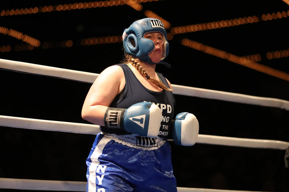 <p>Katie Walsh awaits the start of the female grudge match against Stacy Weinstein at the NYPD Boxing Championships at the Theater at Madison Square Garden on June 8, 2017. (Gordon Donovan/Yahoo News) </p>