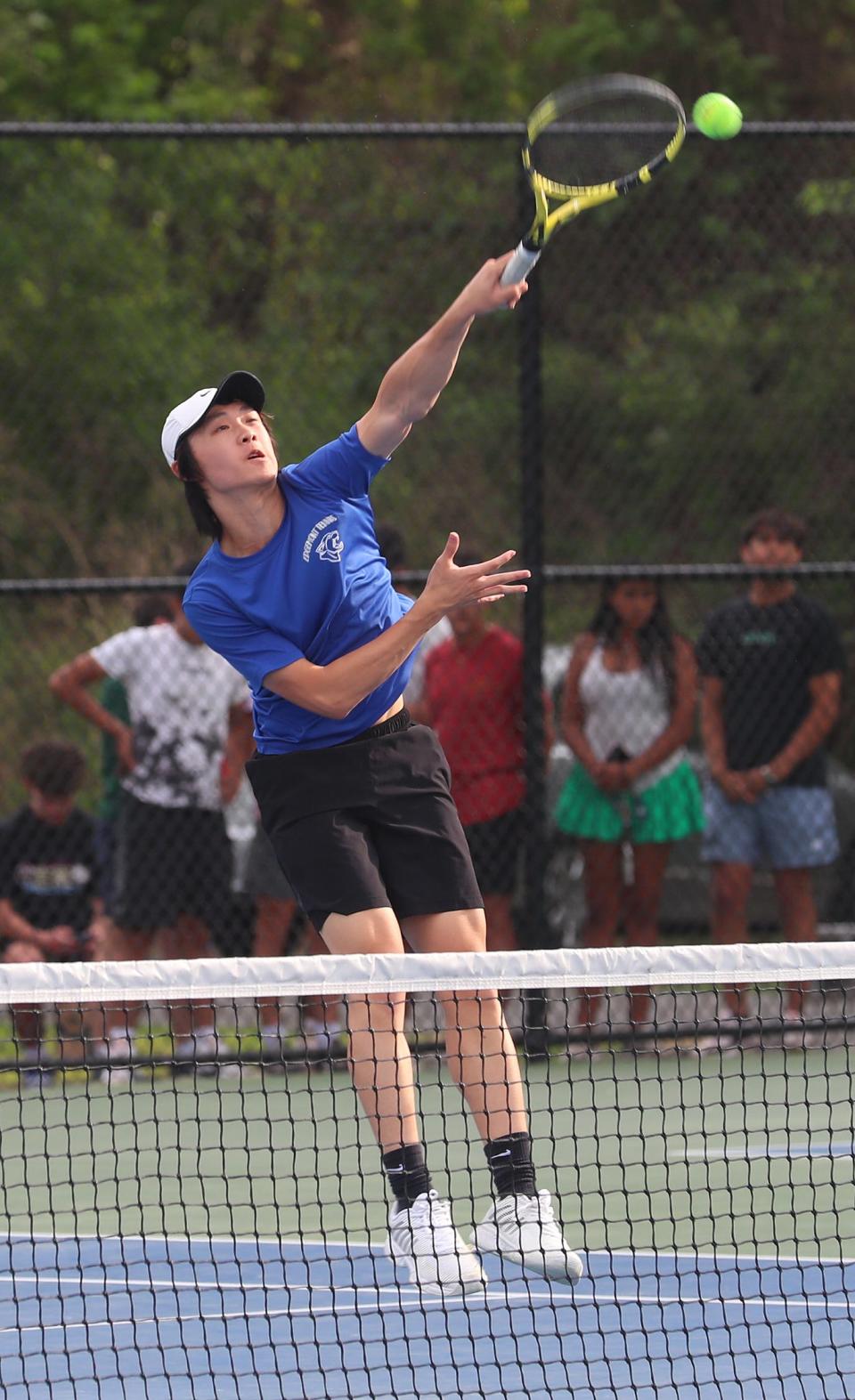 Edgemont's Nick Peng and Eli Johnson during their doubles championship match with Horace Greeley in the Boys Section 1 tennis championships at Harrison High School May 16, 2023. Peng and Johnson won their match.