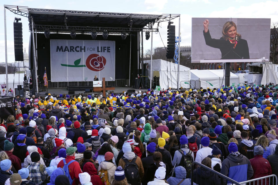 Jeanne Mancini, president of March for Life, speaks during the March for Life rally, Friday, Jan. 20, 2023, in Washington. (AP Photo/Patrick Semansky)