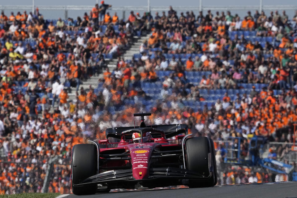 Ferrari driver Charles Leclerc of Monaco steers his car during the third practice session ahead of Sunday's Formula One Dutch Grand Prix auto race, at the Zandvoort racetrack, in Zandvoort, Netherlands, Saturday, Sept. 3, 2022. (AP Photo/Peter Dejong)