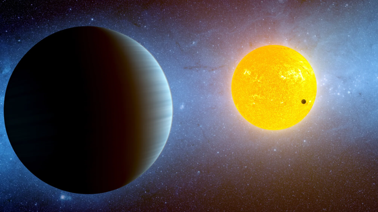  Illustration showing a large planet in the foreground and a yellow star with a close-orbiting world in the background. 