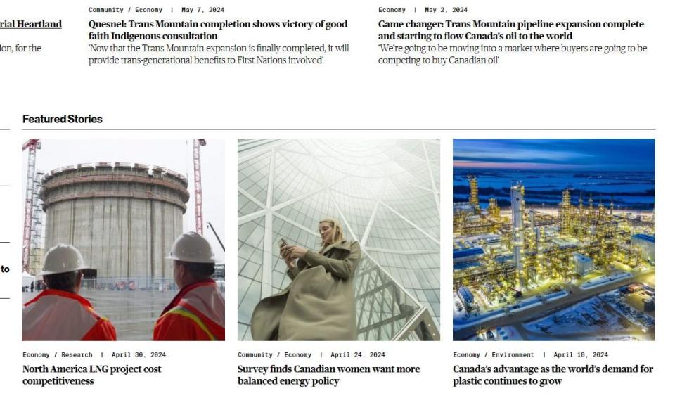 A sampling of pro-industry stories on the Canadian Energy Centre website. Government-funded staff writers and freelancers pumped out more than 100 articles a year, but the website logged a little more than 1,000 visits per day.