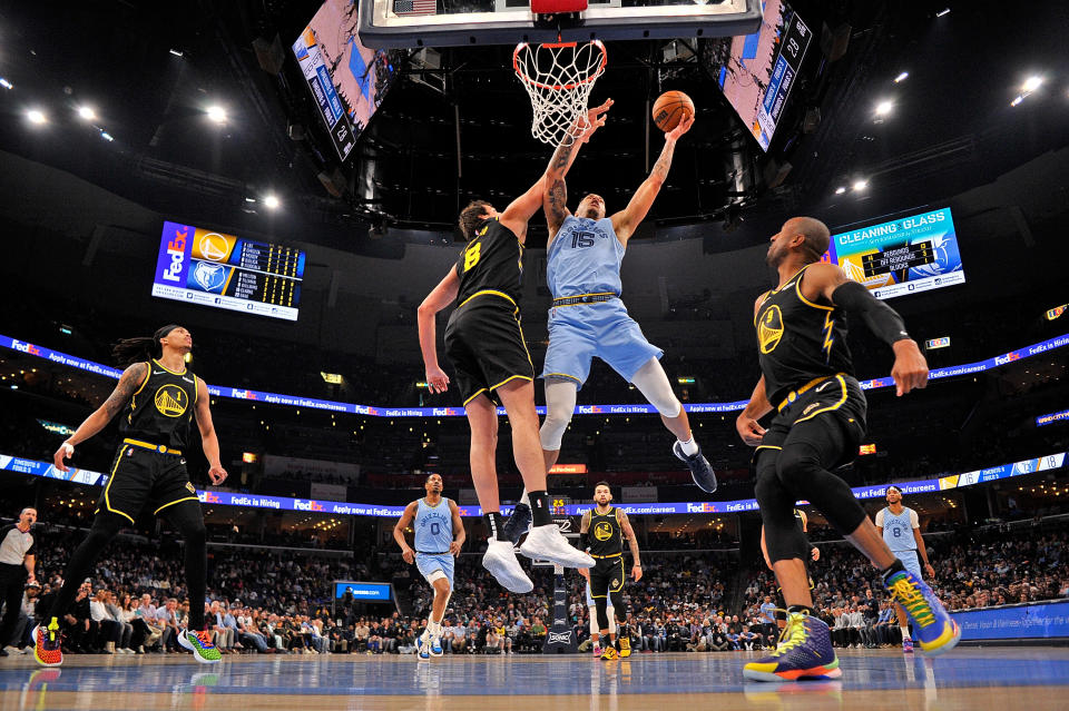 Pictured here, Memphis star Brandon Clarke goes to the basket against the Golden State Warriors in the NBA.