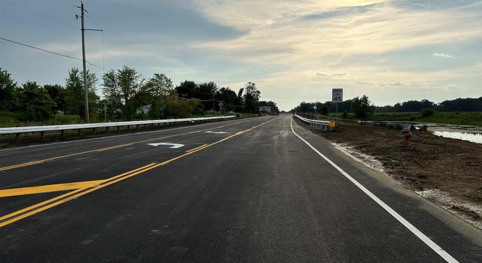 A view Monday of the widened three-land section of Refugee Road just west of Refugee Road and Etna Parkway. The Licking County Transportation Improvement District is in the end stages of a year-long, $11.2-million road improvement project to widen Refugee Road to three lanes from Mink Street to Etna Parkway, with roundabouts at each intersection.