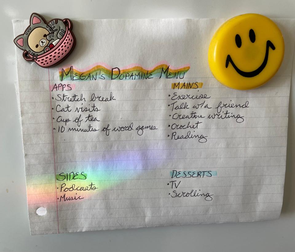 The author's dopamine menu stuck on her fridge with a smiley face magnet