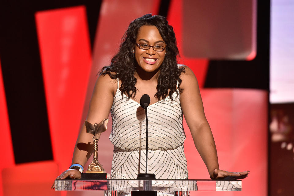 Mya Taylor poses with the award for best supporting female for “Tangerine” at the Film Independent Spirit Awards. (Kevork Djansezian)