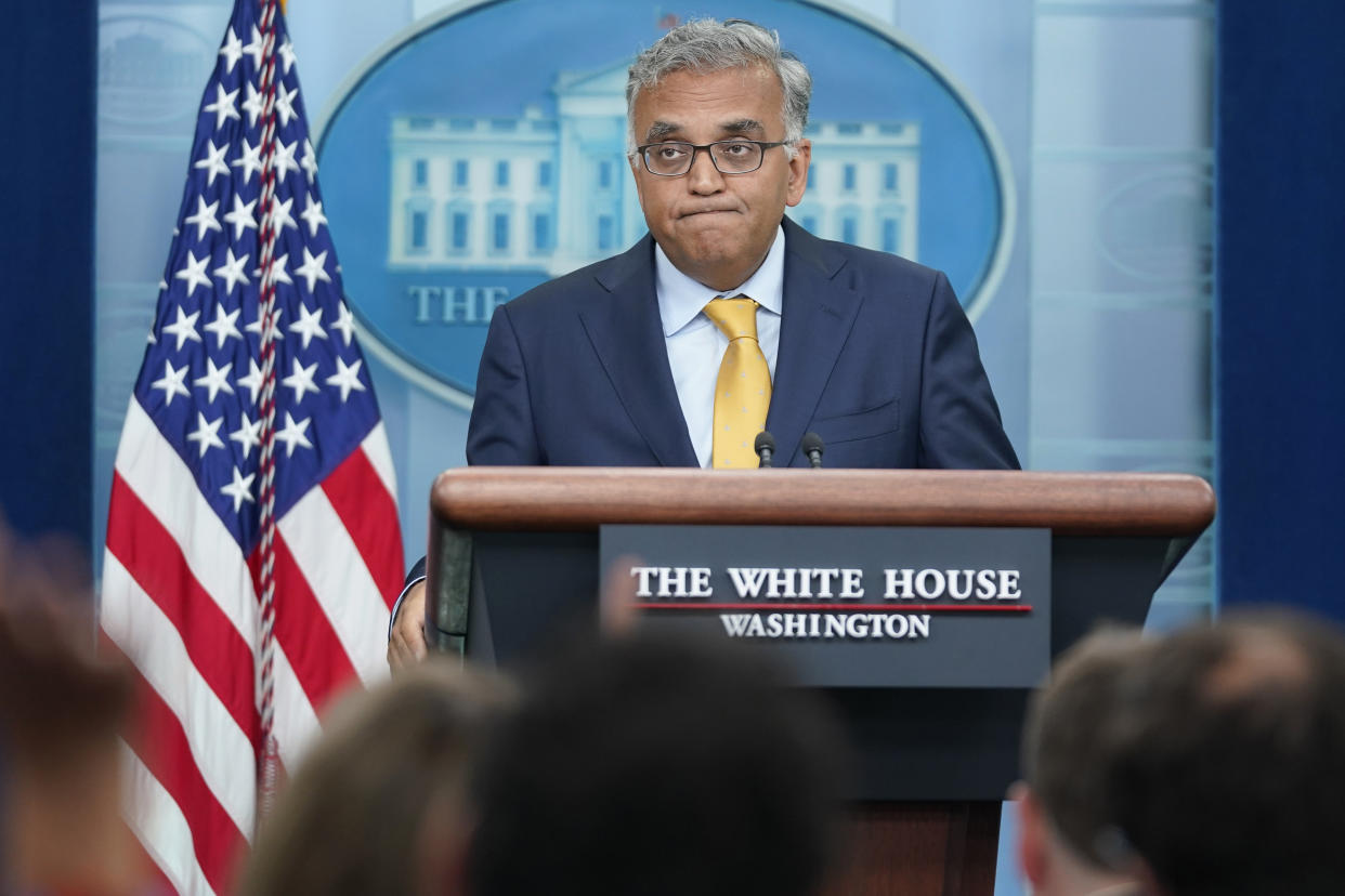 White House COVID-19 Response Coordinator Ashish Jha listens to a question during the daily briefing at the White House in Washington, Thursday, June 2, 2022. (AP Photo/Susan Walsh)