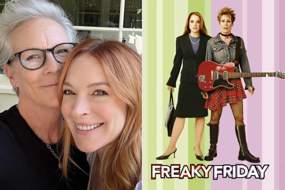 <p>Jamie Lee Curtis/ Instagram; Walt Disney/courtesy Everett Collection</p> Jamie Lee Curtis and Lindsey Lohan (L), "Freaky Friday" movie poster (R)
