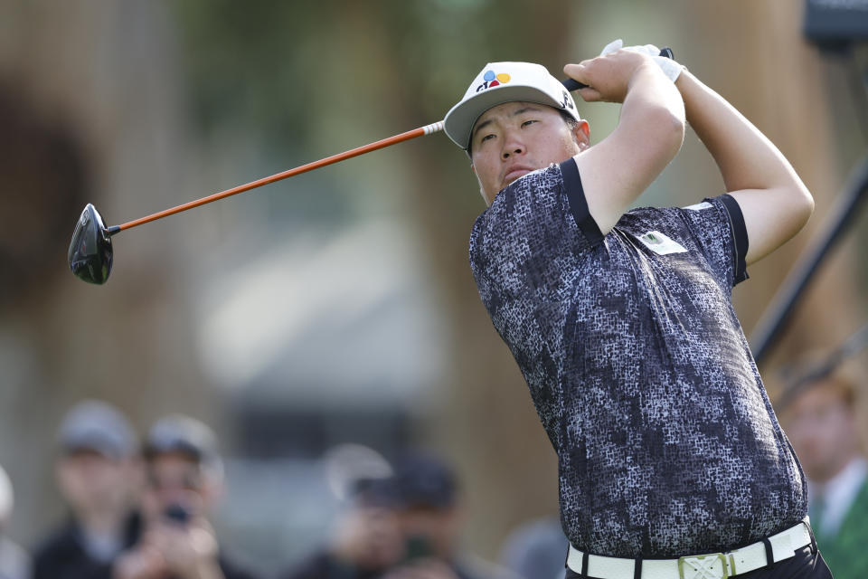 Sungjae Im hits from the 11th tee during the second round of the Genesis Invitational golf tournament at Riviera Country Club, Friday, Feb. 17, 2023, in the Pacific Palisades area of Los Angeles. (AP Photo/Ryan Kang)