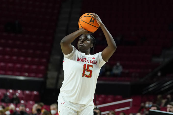 Maryland guard Ashley Owusu shoots a basket against Northwestern during the second half of an NCAA college basketball game, Sunday, Jan. 23, 2022, in College Park, Md. Maryland won 87-59. (AP Photo/Julio Cortez)