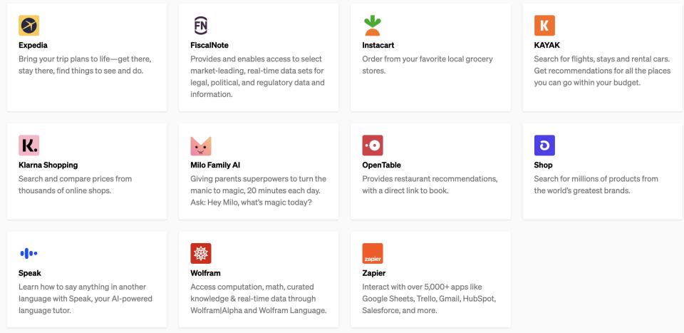 A graphic displaying some of ChatGPT's plugins