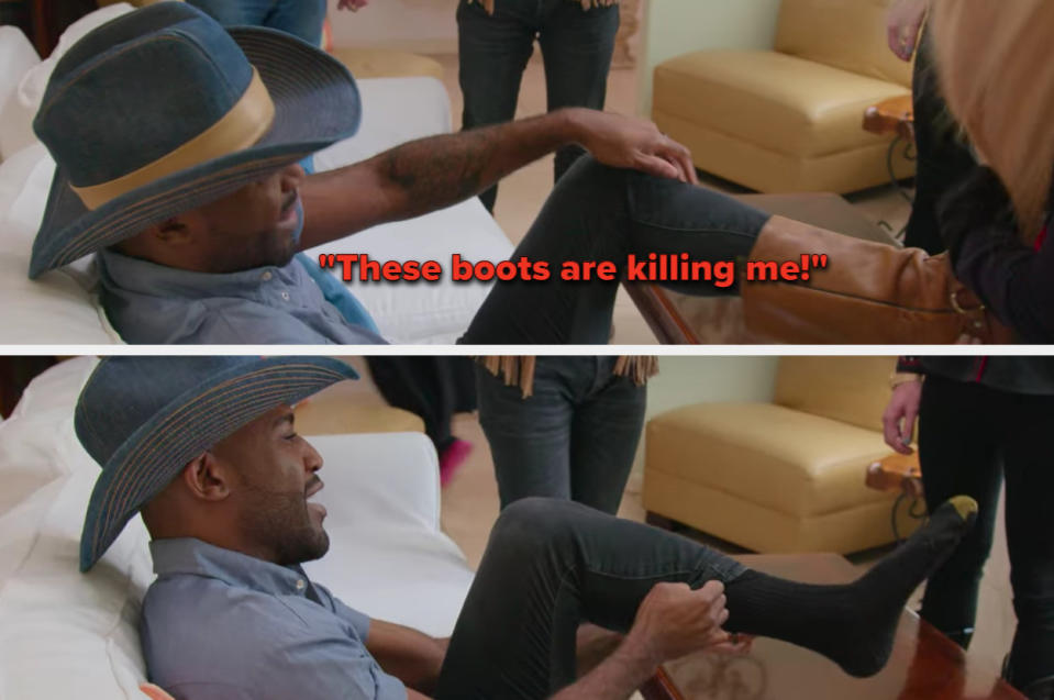 Karamo tries his best to wear heeled cowboy boots, but can't stand the discomfort for too long and has to remove them