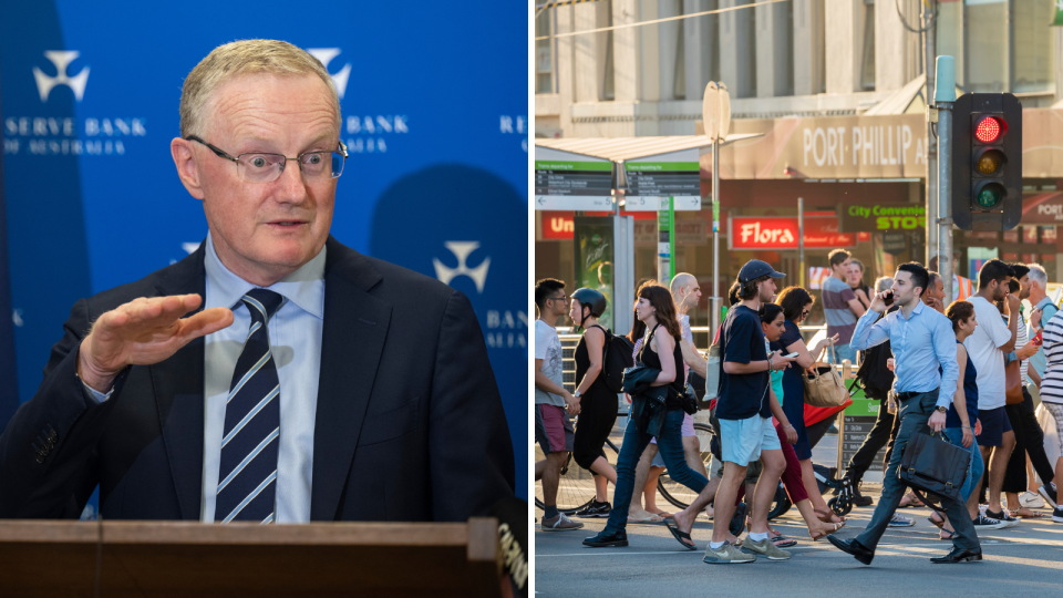 Composite image of RBA governor Philip Lowe gesturing with his hand, pedestrians crossing a street.