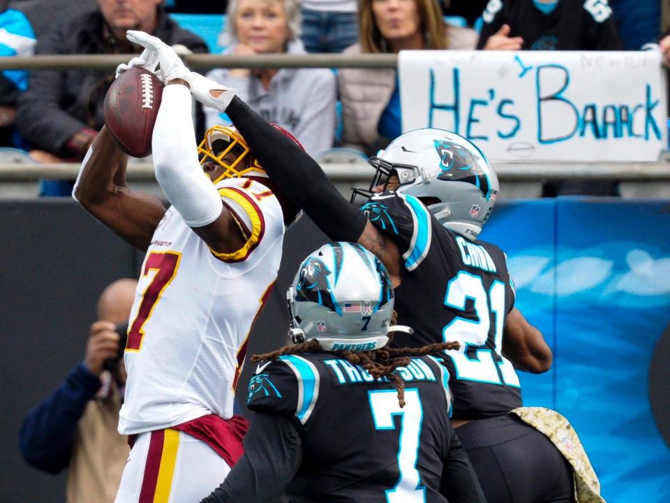 Terry McLaurin catches a touchdown against the Carolina Panthers.