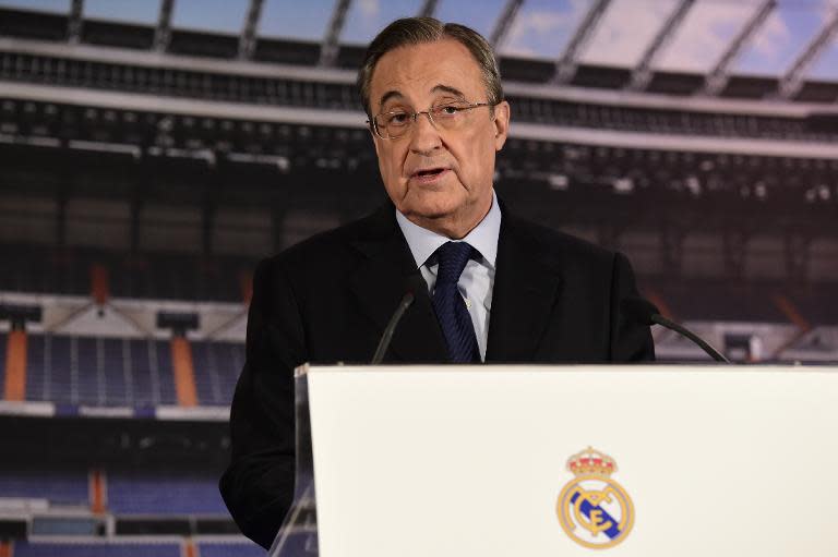 Real Madrid president Florentino Perez announced the sacking of coach Carlo Ancelotti during a press conference at the Santiago Bernabeu stadium on May 25, 2015