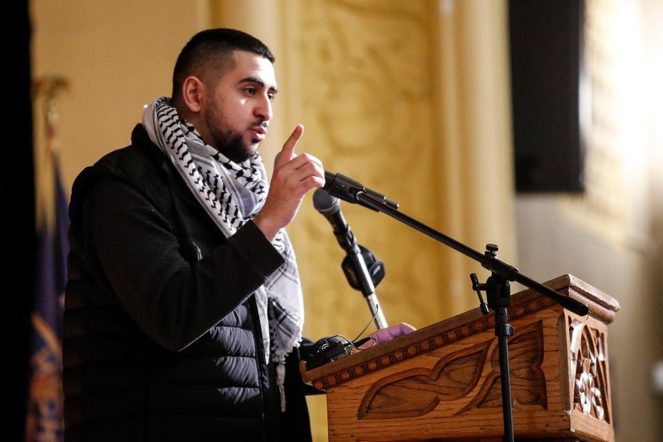 Adam Abusalah, a board member of New Generation for Palestine (NGP), speaks during a community rally to boycott President Biden's visit at Fordson High School in Dearborn on Wednesday, Jan. 31, 2024.