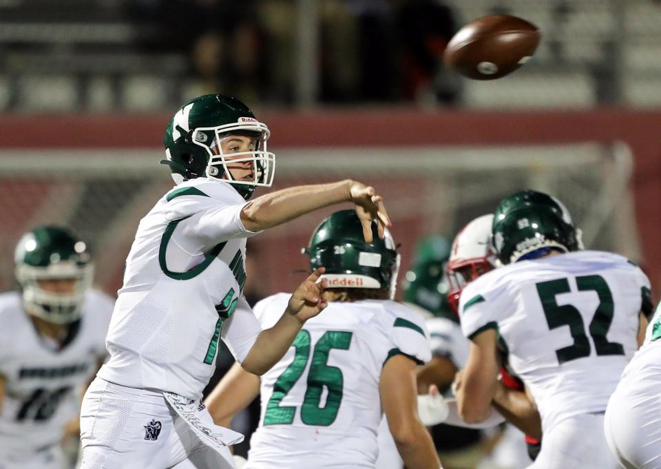 Nordonia quarterback Joey Palinkas makes a throw during the second half of a high school football game against the Wadsworth Grizzlies, Friday, Sept. 23, 2022, in Wadsworth, Ohio.