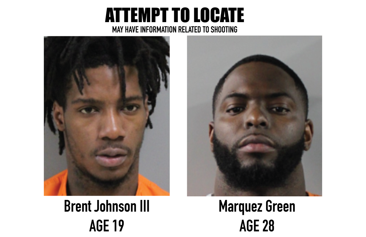 Lakeland Police Department located and arrested Brent Johson III, at left, on Thursday after releasing his name and photo to the media as a "person of interest" in the Jan. 30 drive-by shooting. The police are still searching for Marquez Green, 28, right.