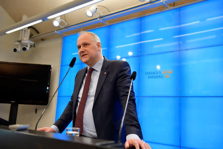 Left Party leader Jonas Sjostedt attends a news conference after his meeting with the Speaker of the Parliament Andreas Norlen in Stockholm, Sweden January 14, 2019. TT News Agency TT News Agency/Stina Stjernkvist via REUTERS