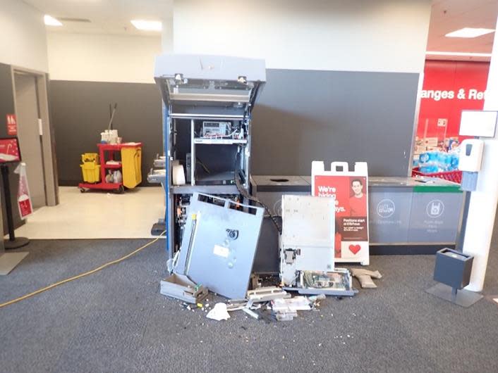 An ATM inside of a Target in Philadelphia is damaged on Oct. 28, 2020, after three men detonated an explosive to steal money from the machine.