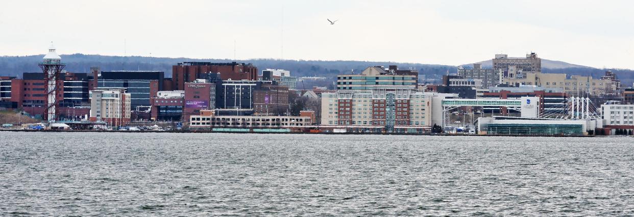 Part of the Erie bayfront and downtown buildings are seen, viewed south across Presque Isle Bay, from Presque Isle State Park on Feb. 8, 2024.