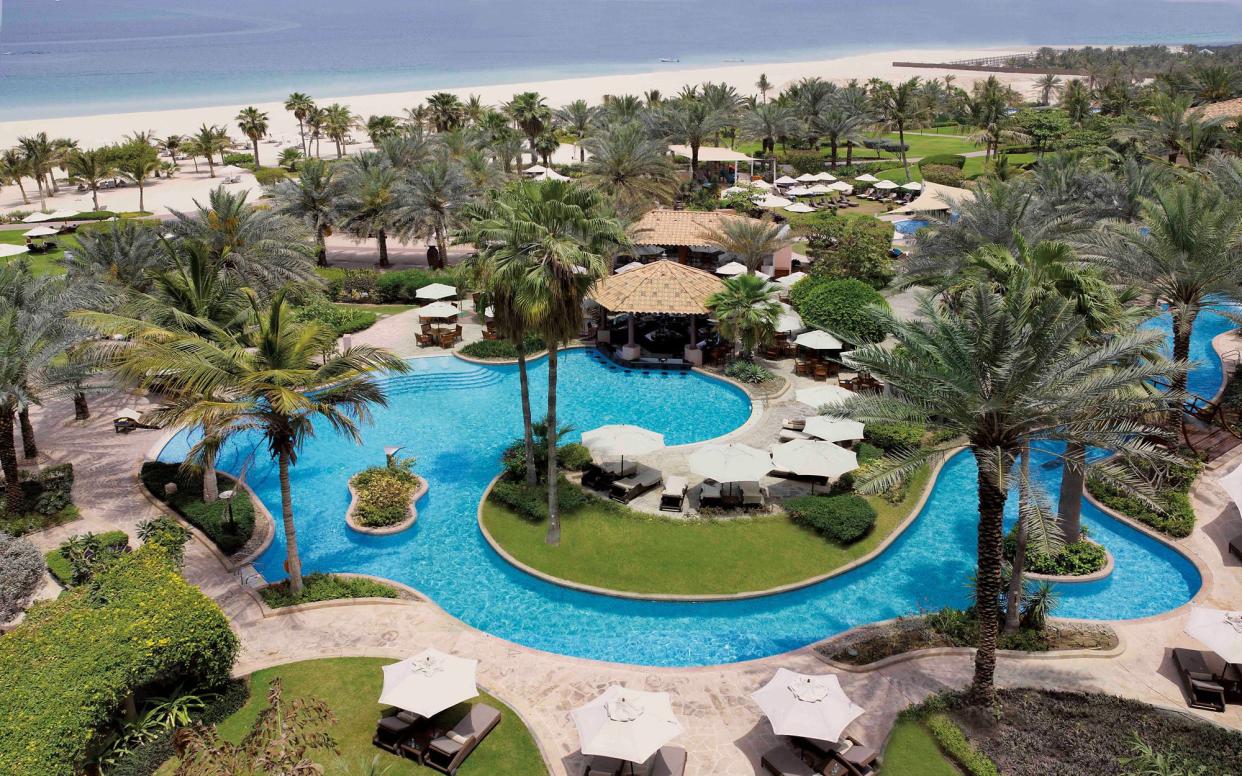 A multitude of swimming pools, such as the ones at the Ritz-Carlton, add to the family-friendly offerings at hotels in Dubai