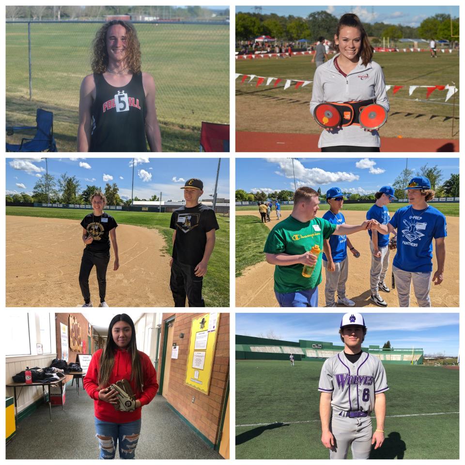 Foothill junior jumper and sprinter Chris Hall (top left), West Valley junior thrower and hurdler Shelbie Rogers (top right), Enterprise students Morgan Romero (left) and Garrett Fitzgerald (right), Kalilah Wolfin-Teller catcher (bottom left) and Shasta third baseman and catcher Caleb Kennedy (bottom right) were named the Shasta Family YMCA Athletes of the Week for performances between May 1 and May 6.