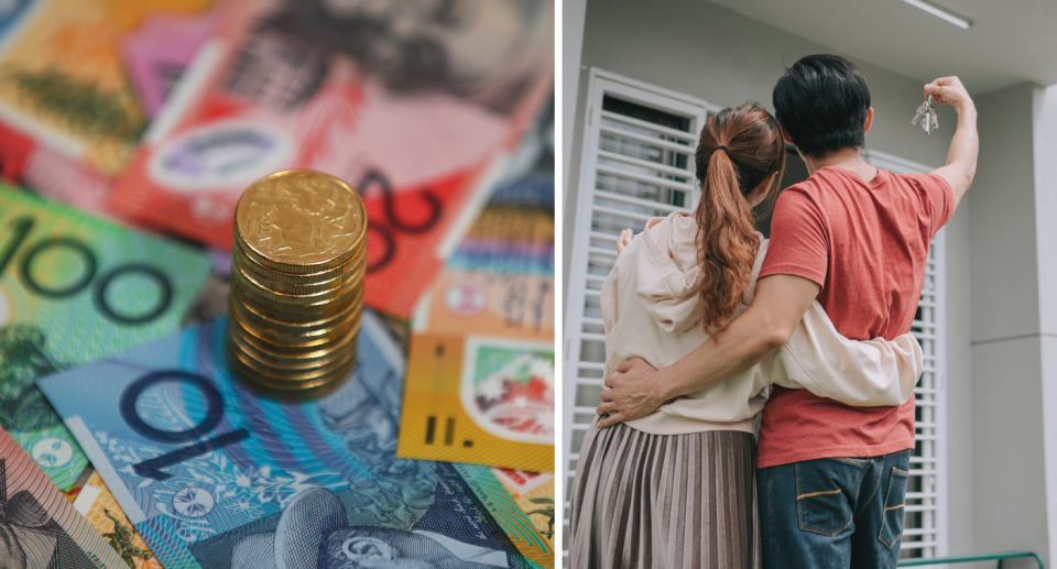 Australian money with $1 coins stacked on top next to a couple who have just bought a house with a mortgage