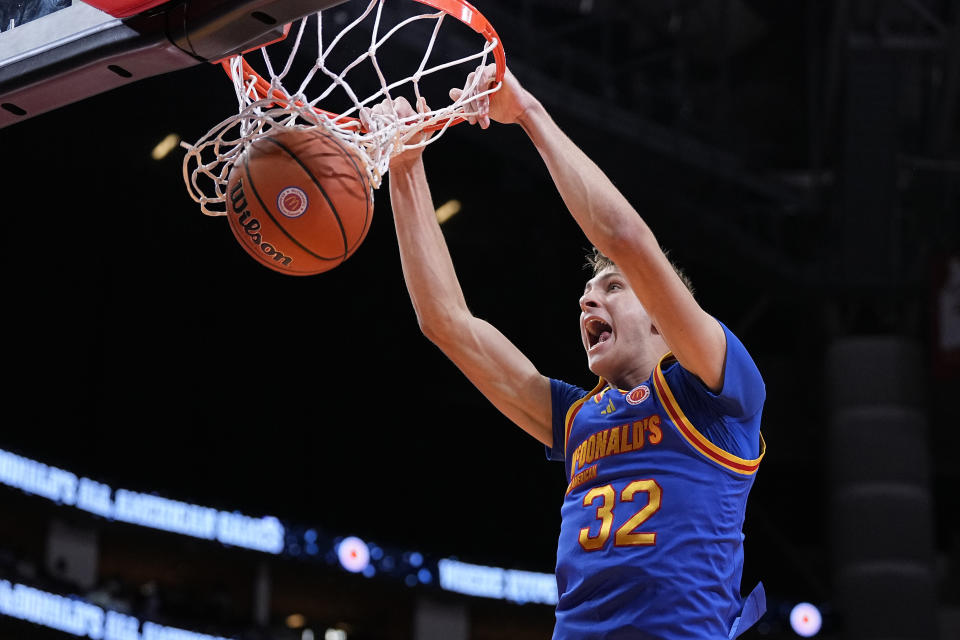 East forward Cooper Flagg dunks on a fast break during the third quarter of the McDonald's All American boys' basketball game Tuesday, April 2, 2024, in Houston. (AP Photo/Kevin M. Cox)