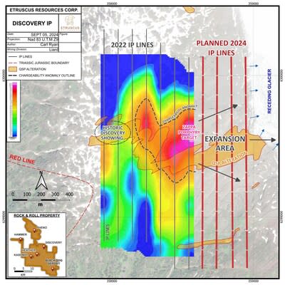 Map of Discovery Showing and Chargeability Anomaly with planned IP lines (CNW Group/Etruscus Resources Corp.)