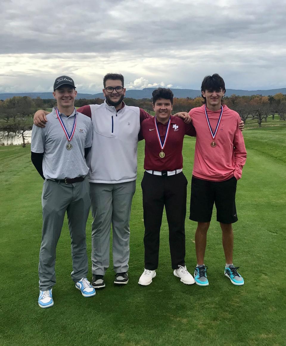 Members of the New Paltz boys golf team pose at Apple Greens Golf Course in Highland after the Mid Hudson Athletic League tournament on Oct. 18, 2023. From left: Stephen Carr, Nick Knoth, Loyal Goodemote and Oliver Watson.