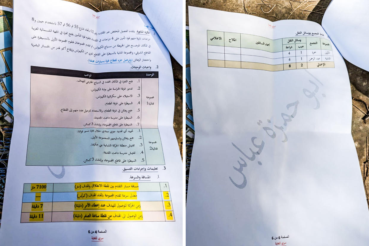 A detailed Hamas plan of attack on Kibbutz Kfar Sa’ad recovered from the bodies of Hamas by Israeli first responders. (Obtained by NBC News)