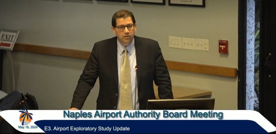 Doug DiCarlo with Environmental Science Associates presents the latest update of an airport exploratory study for the Naples Airport Authority. The study will be used to help the authority's board of commissioners decide whether to pursue moving the airport.