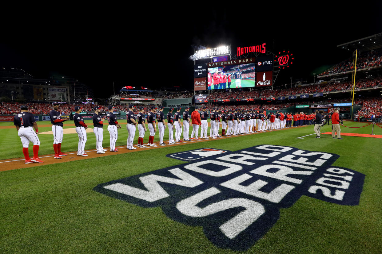 WASHINGTON, DC - OCTOBER 25:  A general view of Nationals Park during player introductions prior to Game 3 of the 2019 World Series between the Houston Astros and the Washington Nationals at Nationals Park on Friday, October 25, 2019 in Washington, District of Columbia. (Photo by Alex Trautwig/MLB Photos via Getty Images)