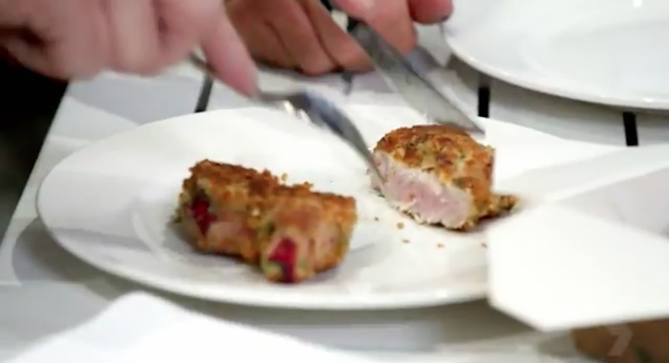 Henry and Anna's pork cutlet was also unpalatable after they served it up to the judges raw. Source: Seven