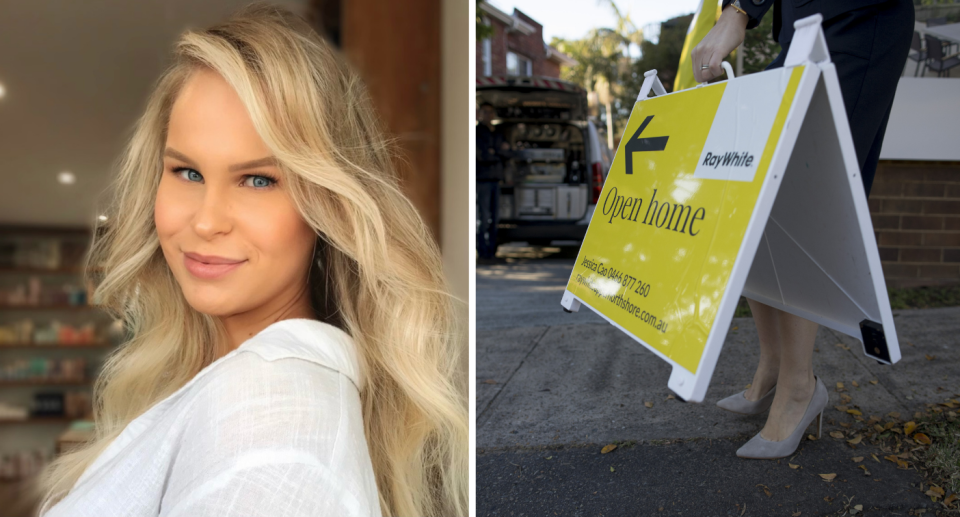 Homeowner and mortgage broker Maddie Walton next to an open home sign