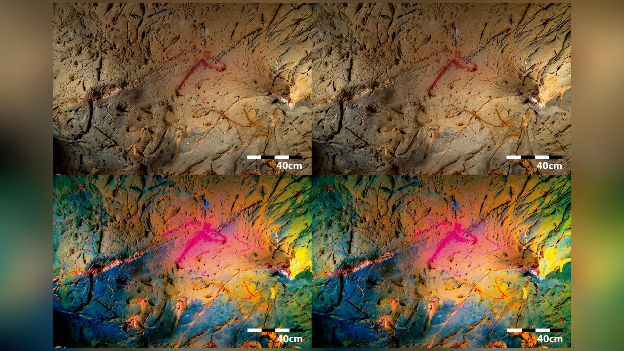  We see four images of a horse painted on a cave wall. The bottom two images are brighter. 