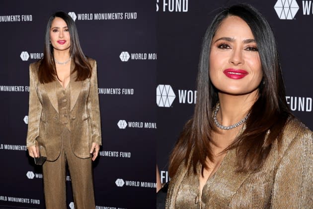 Salma Hayek Makes a Case for Metallic Power Suits