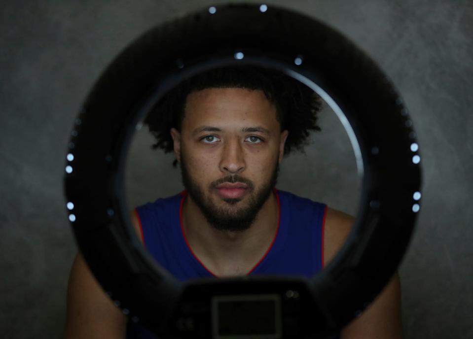 Pistons guard Cade Cunningham being photographed during media day on Monday, Oct. 2 2023, at Little Caesars Arena.